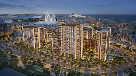 The Cultural District and the Arabian Gulf at dusk — Sei Saadiyat by Aldar, Saadiyat Island Abu Dhabi