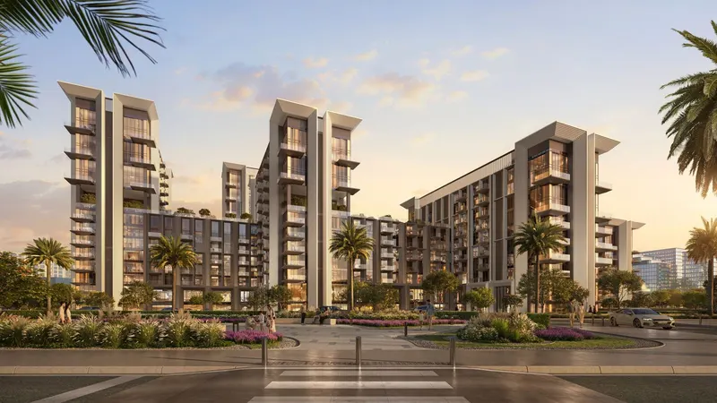 Sei Saadiyat by Aldar — the Serenity Pool at dusk, looking across Saadiyat Cultural District, Abu Dhabi